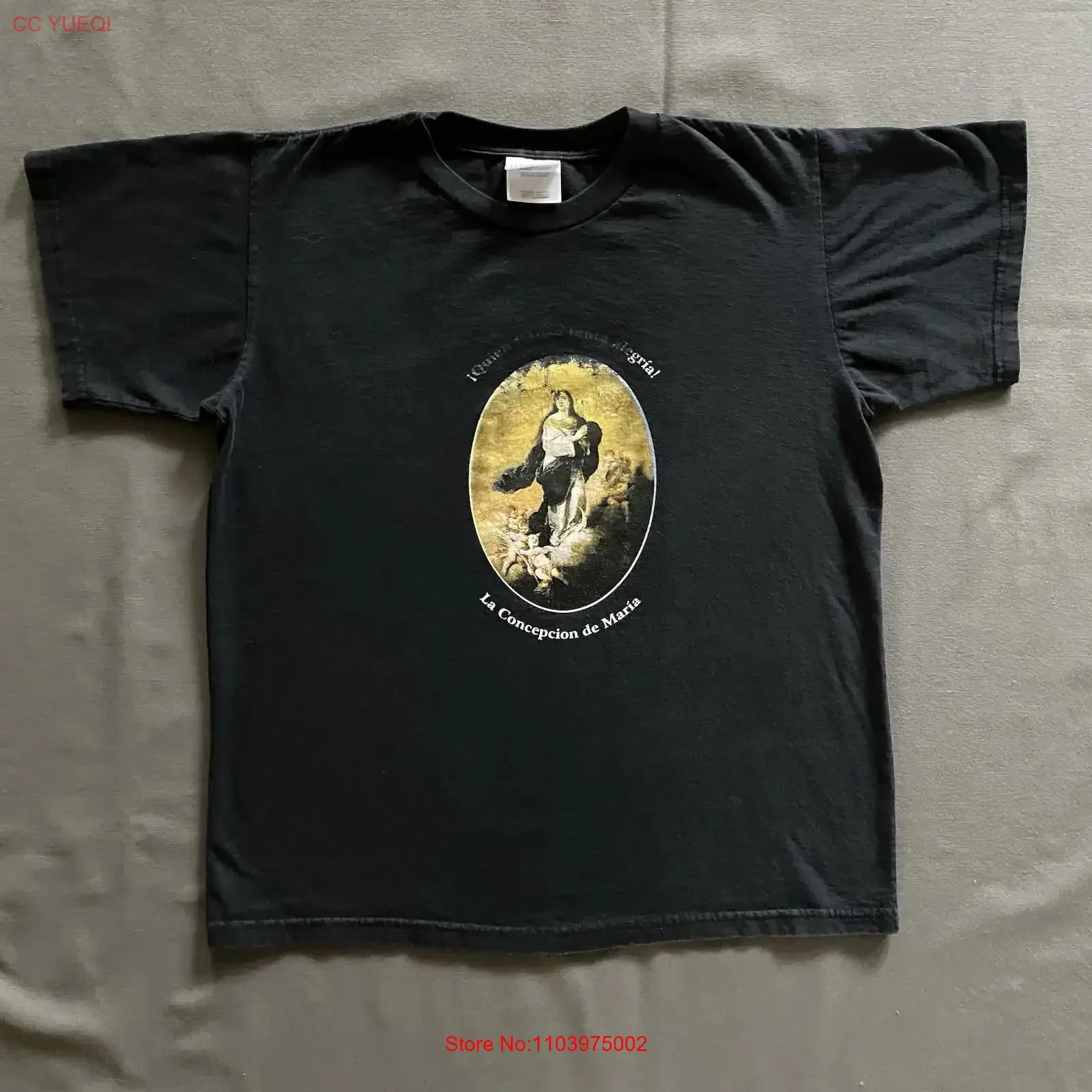 Camiseta Vintage de los 2000s La Concepción de María, Talla Mediana para Adulto, Negra, Religiosa, Inmaculada, Lavada, Versátil y Cómoda