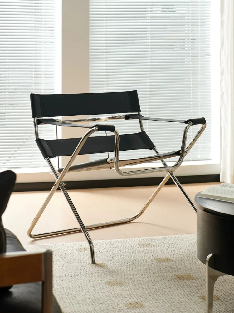 Italian Light Luxury Living Room Floor Chair Designer Saddle Leather Stainless Steel Single Sofa Chair Foldable Leisure Armchair