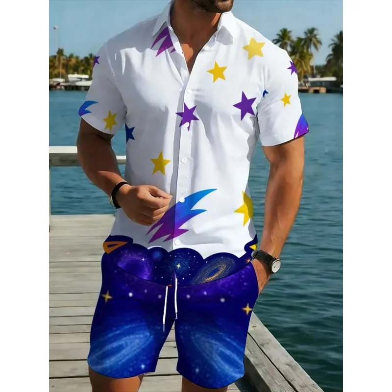 Conjunto de camisa y pantalones cortos con estampado de estrellas de poliéster para hombre, ropa de playa ligera, adecuada para vacaciones al aire libre, gala vibrante en azul y blanco