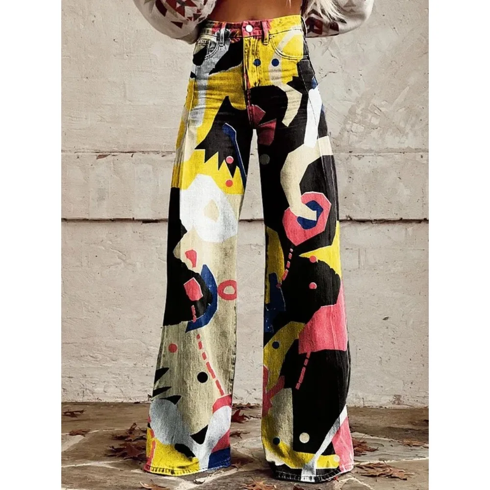 Damenhose mit Folk-Art-Print, hoher Taille und weitem Bein, Boho-Freizeithose, farbenfrohe, bequeme, locker sitzende Hose für den Alltag – Detail 10