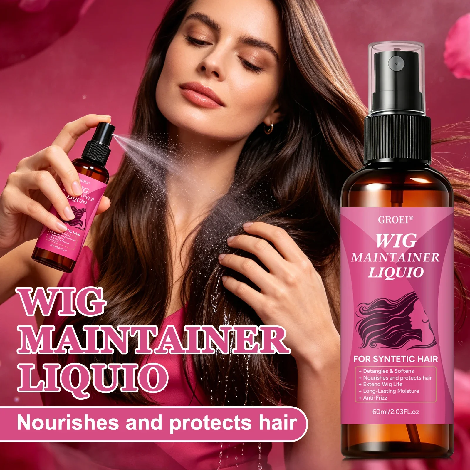 GROEI Anti‑Frizz Wig Maintainer Spray 60ml, Detangling Moisturizing Shine Care Liquid for Synthetic Hair Wigs - view 4