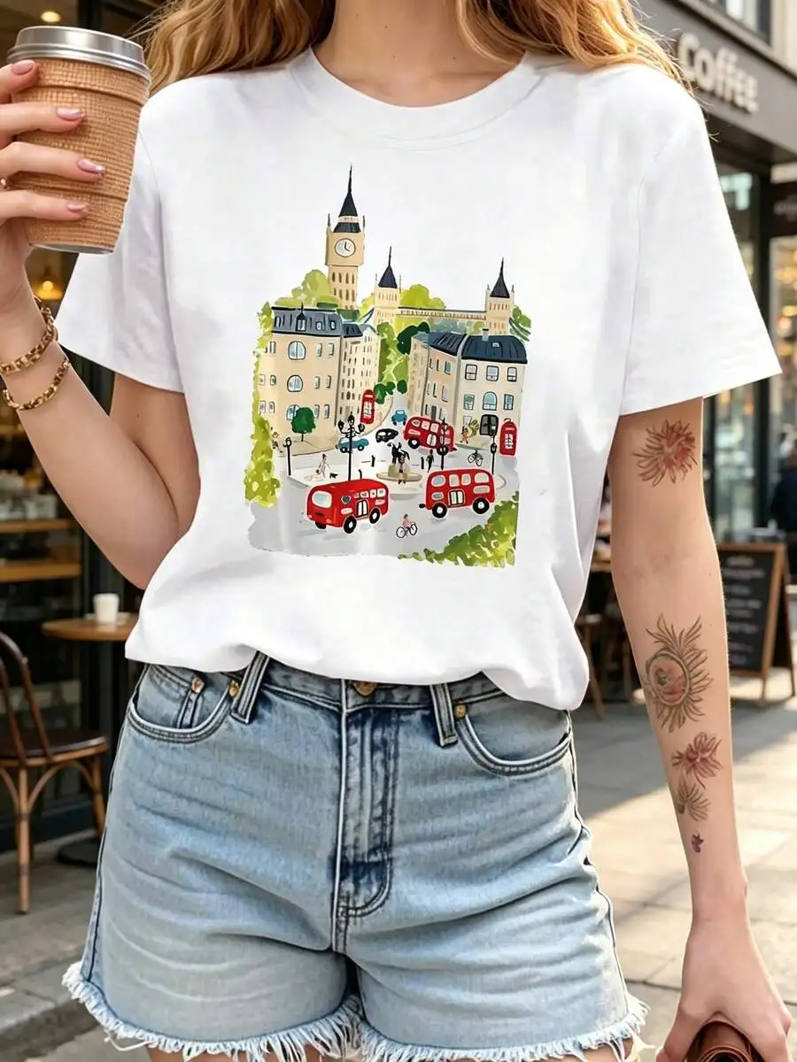 Women Short Sleeve T Shirt Stylish Cityscape Print Casual Spring Summer Daily Coffee Shop Outings Trendy Outfit Top