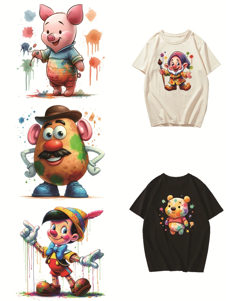 Watercolor Splash Classic Cartoon Iron On Heat Transfer Patches Piglet Pinocchio Print Stickers DIY Kids Clothing Decor