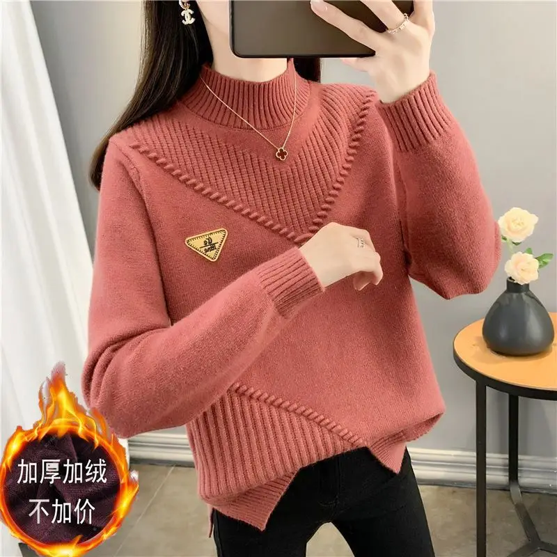 Autumn and Winter Women\'s Solid Half High Collar Long Sleeve Bright Line Decoration Epaulet Sweaters Jumpers Fashion Tops