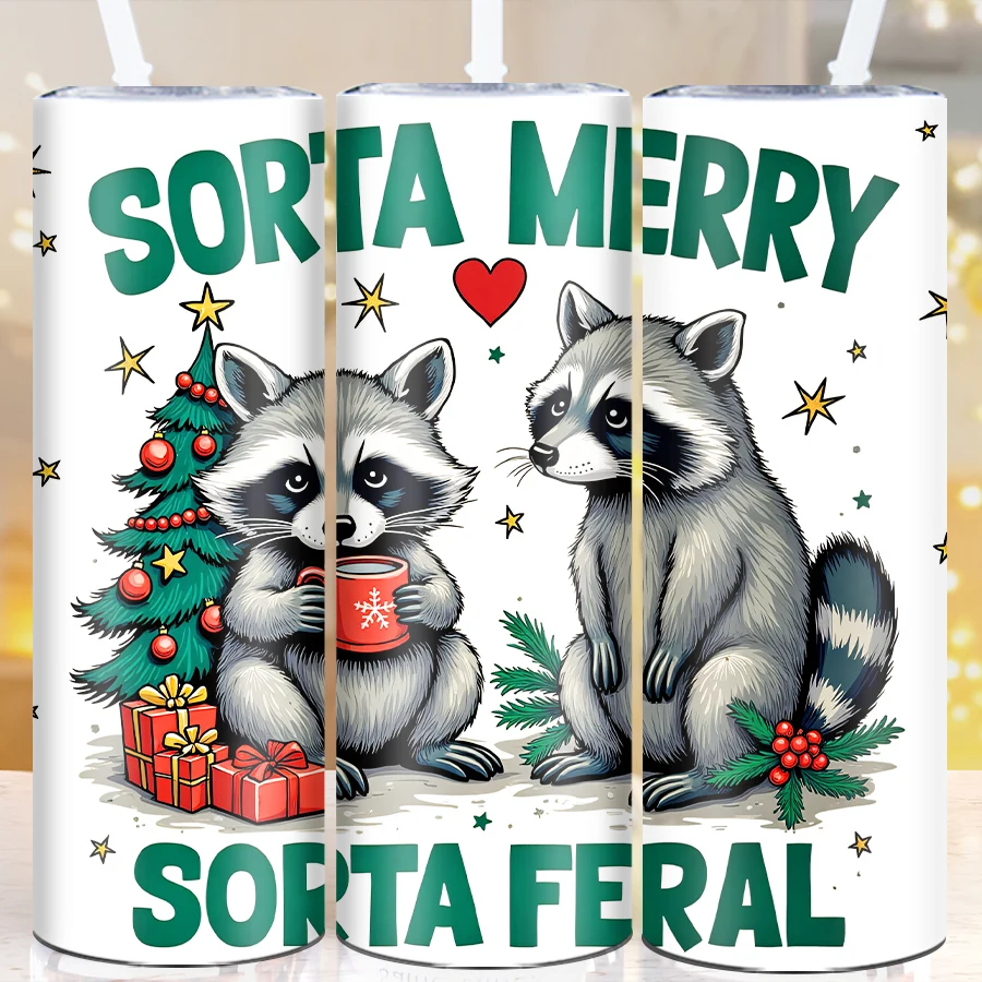 

3D Print Xmas Raccoon Party 20oz Skinny Straight Tumbler Straw Lid 1Pc Large Capacity Stainless Outdoor Tumblers Travel Cups