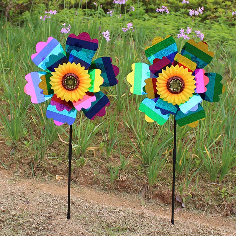 Colorful Double Layer Sunflower Windmill Rainbow Flowers Pinwheel For Garden Yard Lawn Camping Decoration