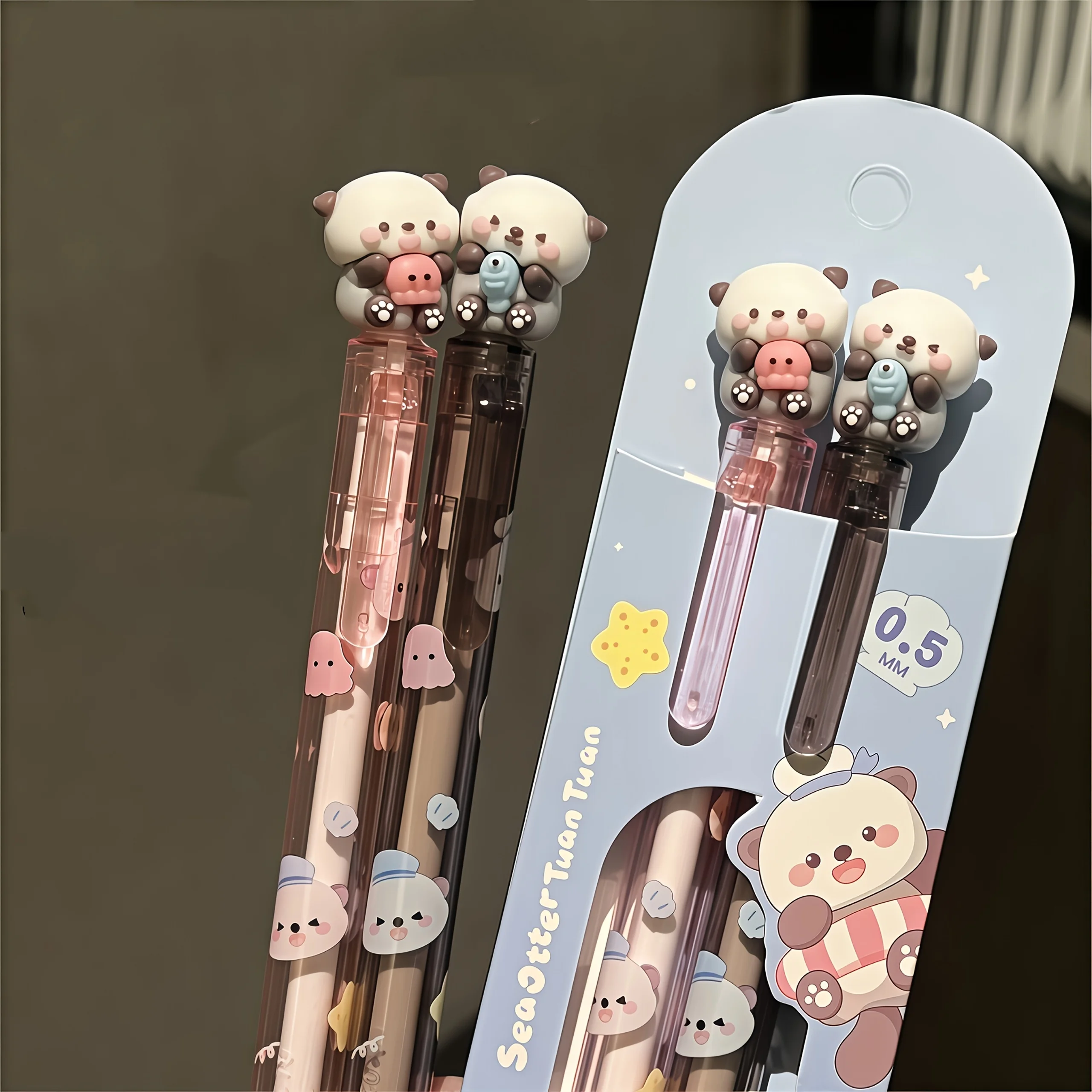 2-Pack of Randomly Colored Sea Otter-Shaped Retractable Gel Pens with Double Cute Sea Otter Design, Suitable for Student Classroom Notes, Homework Writing, and Essential Stationery for Study and Office Use, a Great Gif