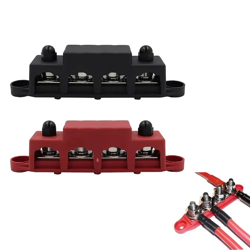 12V Power Distribution Block 250A Bus Bar Terminal Block with Cover M8 / M10 4 Way Terminal Studs 48VDC 300VAC for Car Boat 1SET