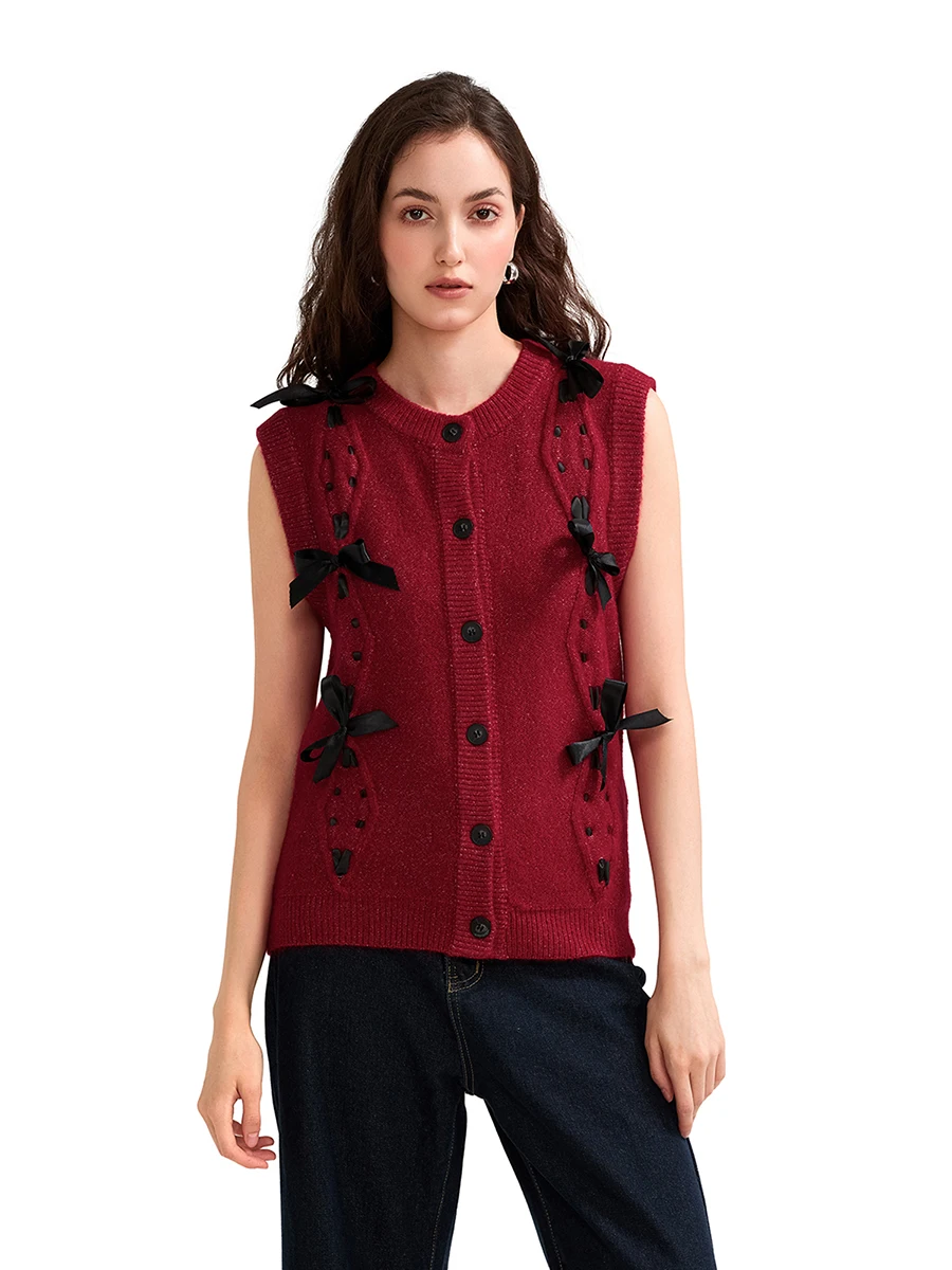 Women's Fall Knitted Vests Stylish Bow Button Down Gilets Sleeveless Crew Neck Sweater