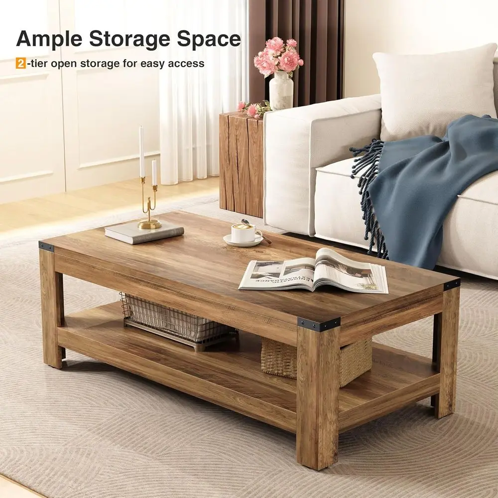 Modern Rustic 47.2 Farmhouse Coffee Table with Storage, Rectangular Living Room Centerpiece, 2-Tier Industrial-Style Cocktail Ta