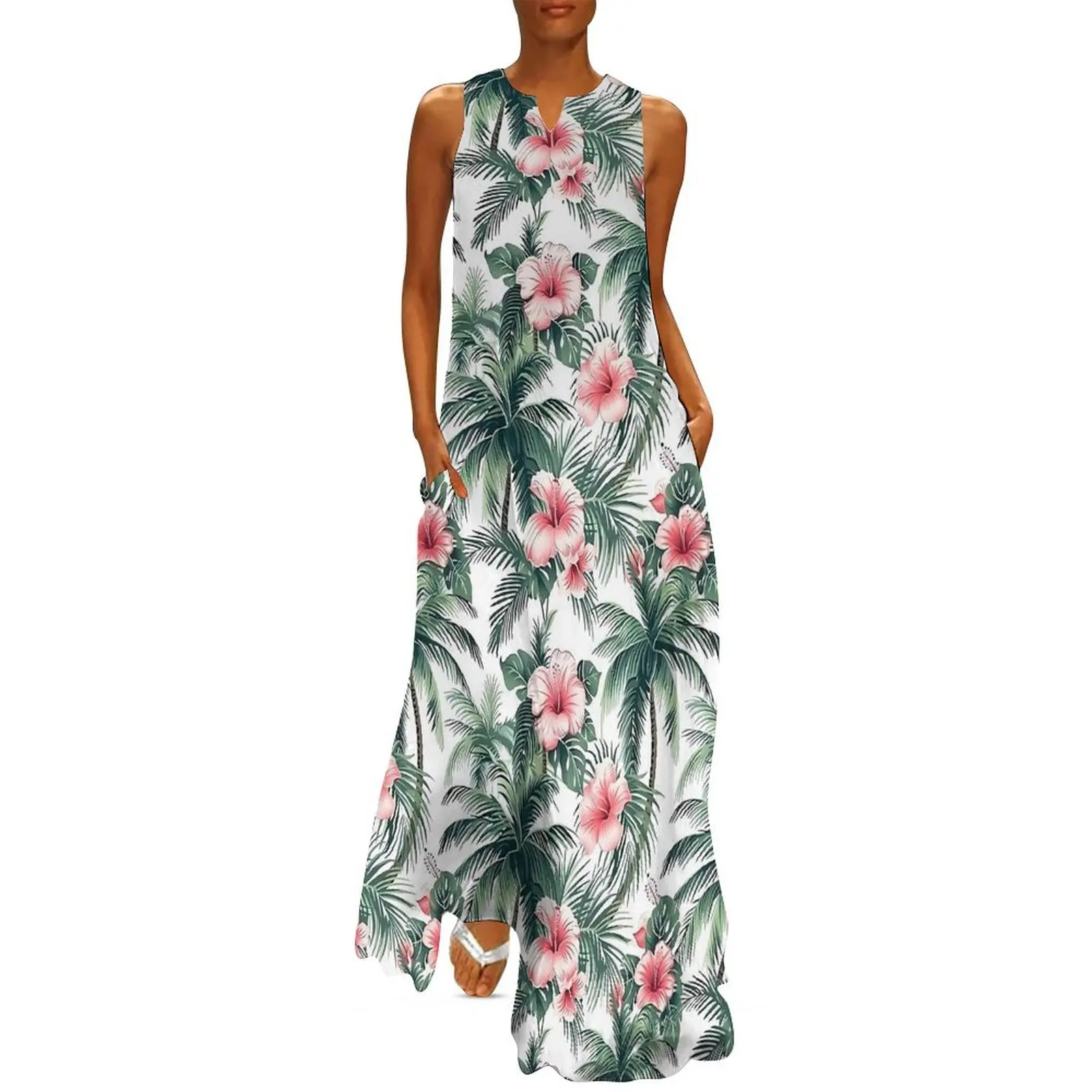 Vestido de flores tropicales Hawaii Rosa Hibiscus fiesta Maxi vestido sin mangas personalizado Boho playa vestidos largos ropa estética de gran tamaño