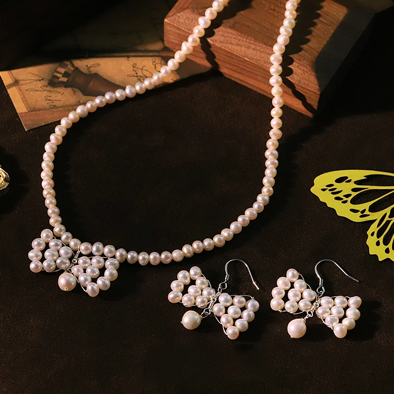 

Оригинальный натуральный жемчуг с бантом, кулон, ожерелье, серьги, комплект для женщин, модное колье, очаровательная цепочка на шею, воротник, ювелирные аксессуары