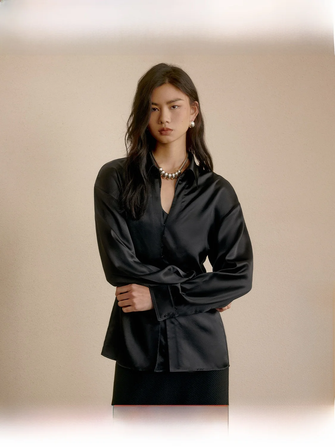 

ZhiZhi Fengshi Spring Women's Shirt Waist Cinched Silk Satin Black Shiny Luxury Autumn Straight Tube Long Sleeve Collar