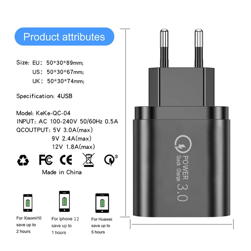 Olaf 60W USB Charger Quick Charge 3.0 Mobile Phone 4 Ports USB Fast Charger For iPhone 13 Samsung Huawei Xiaomi Charger Adapter image 6