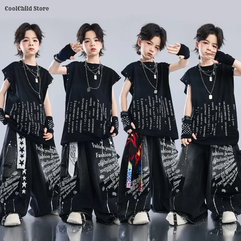 Hip Hop Boys Vest Cool Graffiti Letters Pants Girls K-pop Streetwear Jeans ChildrenStreet Dance Costumes Kids Jazz Clothes Sets