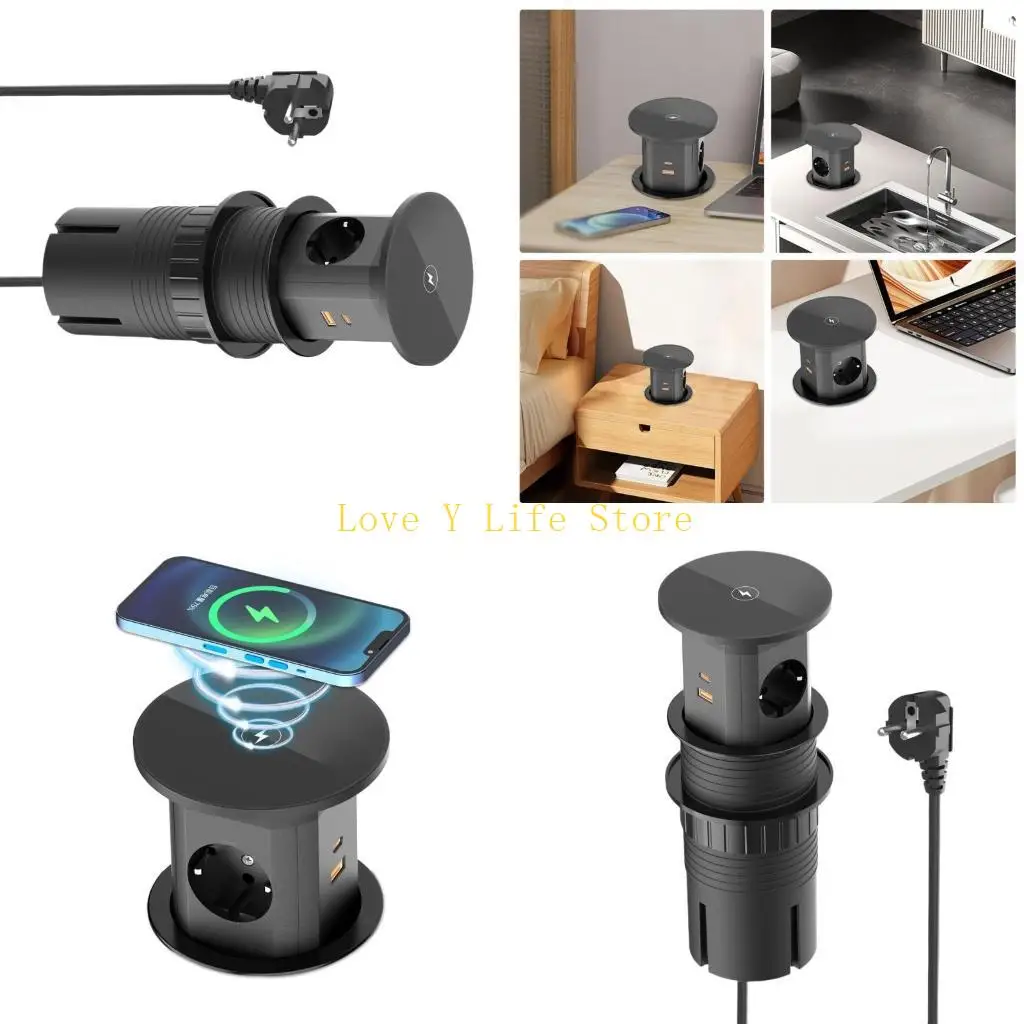 

L74C Automatic Lift Power Outlet Stations With 15W Charging 4 Outlets 2 PD20W USB C for Kitchen Office Desktop Installation