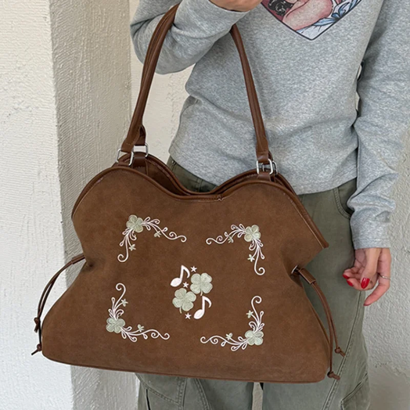 Women Vintage Faux Suede Tote Bag Floral Music Note Embroidery Drawstring Design Fashion Shoulder Bag Versatile Casual Handbag