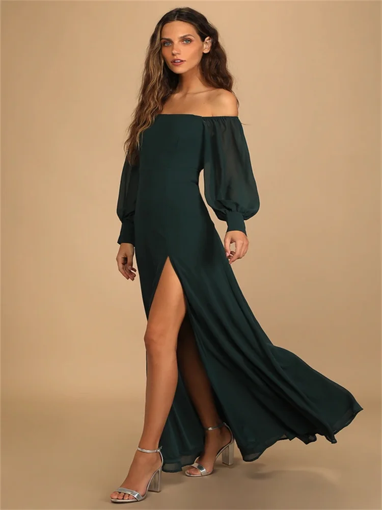 New Arrival Off Shoulder Neckline Half Sleeves Satin Evening Dress Sexy Open Back Zipper Floor Length High Slit Gown For Women