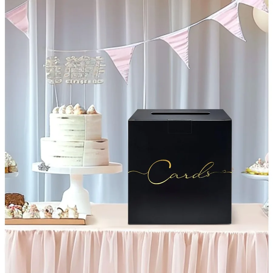 パーティー用大型カードボックス 9.8インチ x 9.8インチ ブラック ギフトカードボックスホルダー ゴールド箔デザイン 結婚式 誕生日 ベビーシャワー 退職祝い用