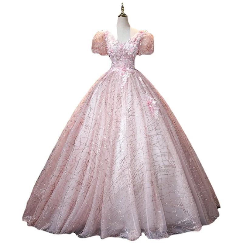 Pink Princess Bridal Quinceanera Dresses Ball Gowns Short Sleeves V Neck Floor Length Flower Vestido De 15 Anos Quinceanera 2024