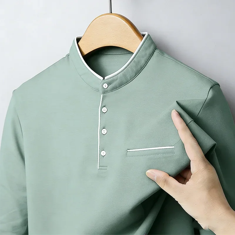 Camicia da Uomo con Collo alla Coreana, Maniche Lunghe, Vestibilità Regolare, Casual, Morbida, Traspirante, Alla Moda, Trendy, per Uso Quotidiano e Business