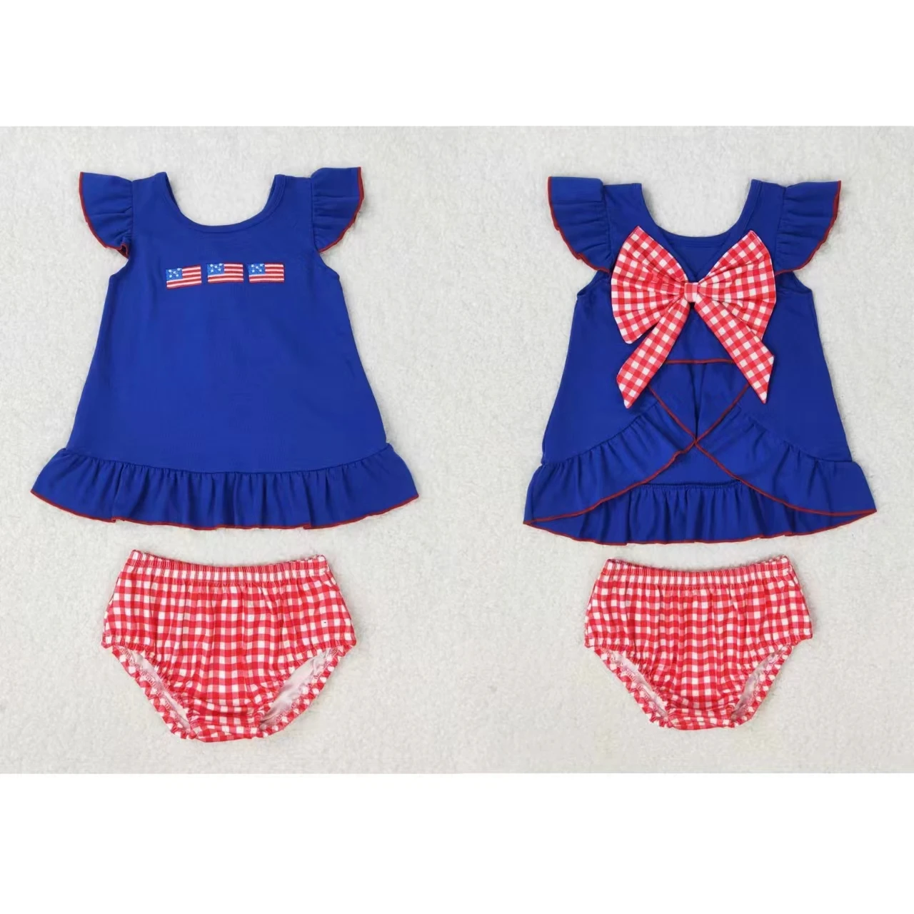 

Wholesale Kids Baby Girl Outfit Children Blue Short Sleeves Embroidery Flags Tops Plaid Red Shorts Infant Toddler July 4th Set