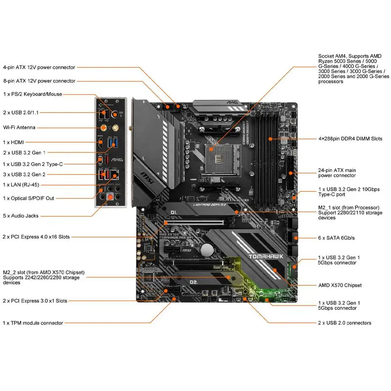 Placa-mãe TOMAHAWK MAX WiFi, jogos Ryzen 9, DDR4 5100 OC 128GB PCI-E 4.0 M.2, ATX, AMD X570, AM4