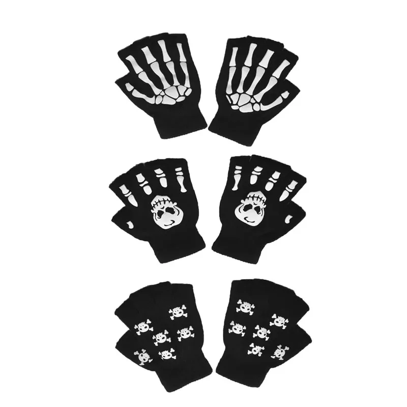 1/2/3/4 paar New Kids Halloween Skeletschedel Half Vinger Lichtgevende Punk Handschoenen Winter schedel Vingerloze Zwarte Wanten