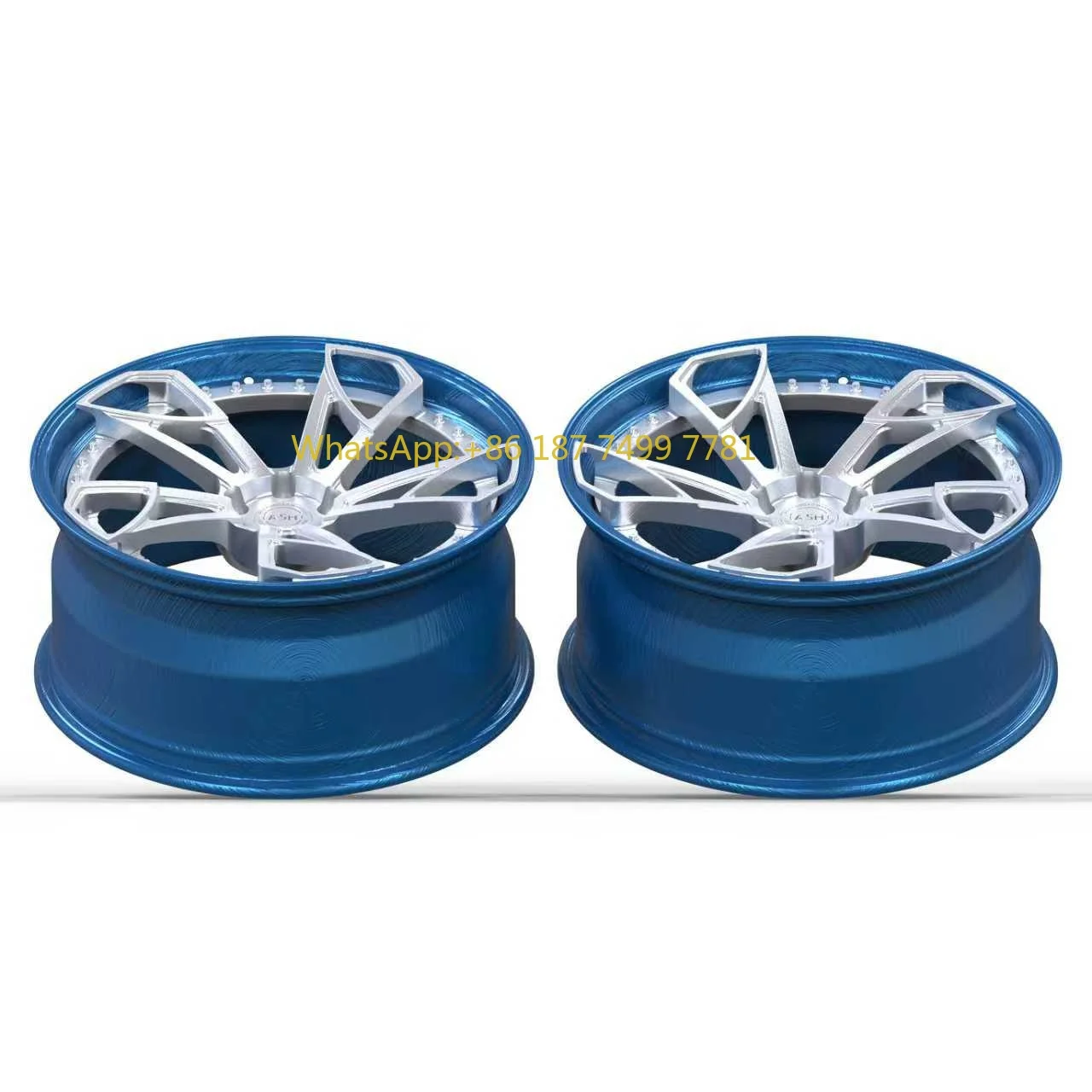 

Кованые колеса из двух частей по индивидуальному заказу с прозрачными синими матовыми и серебряными заклепками, предназначенные для различных моделей автомобилей и размеров.