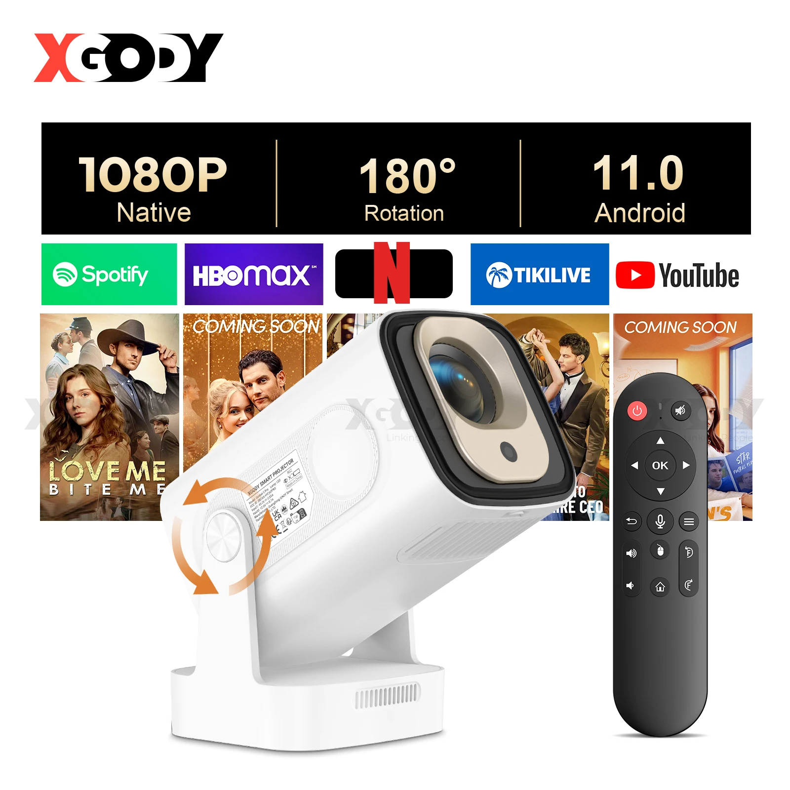 

XGODY Gimbal5 PRO 4K HD 12000LMS Smart Projector Keystone Correction Native 1080p Dual WiFi Bluetooth Android Game Home Theater