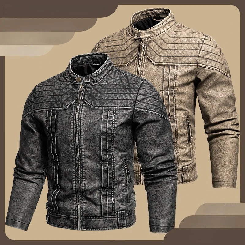 Men Vintage Washed Faux PU Leather Biker Jacket Stitched Detail Stand Collar Windproof Casual Outerwear 2 Colors
