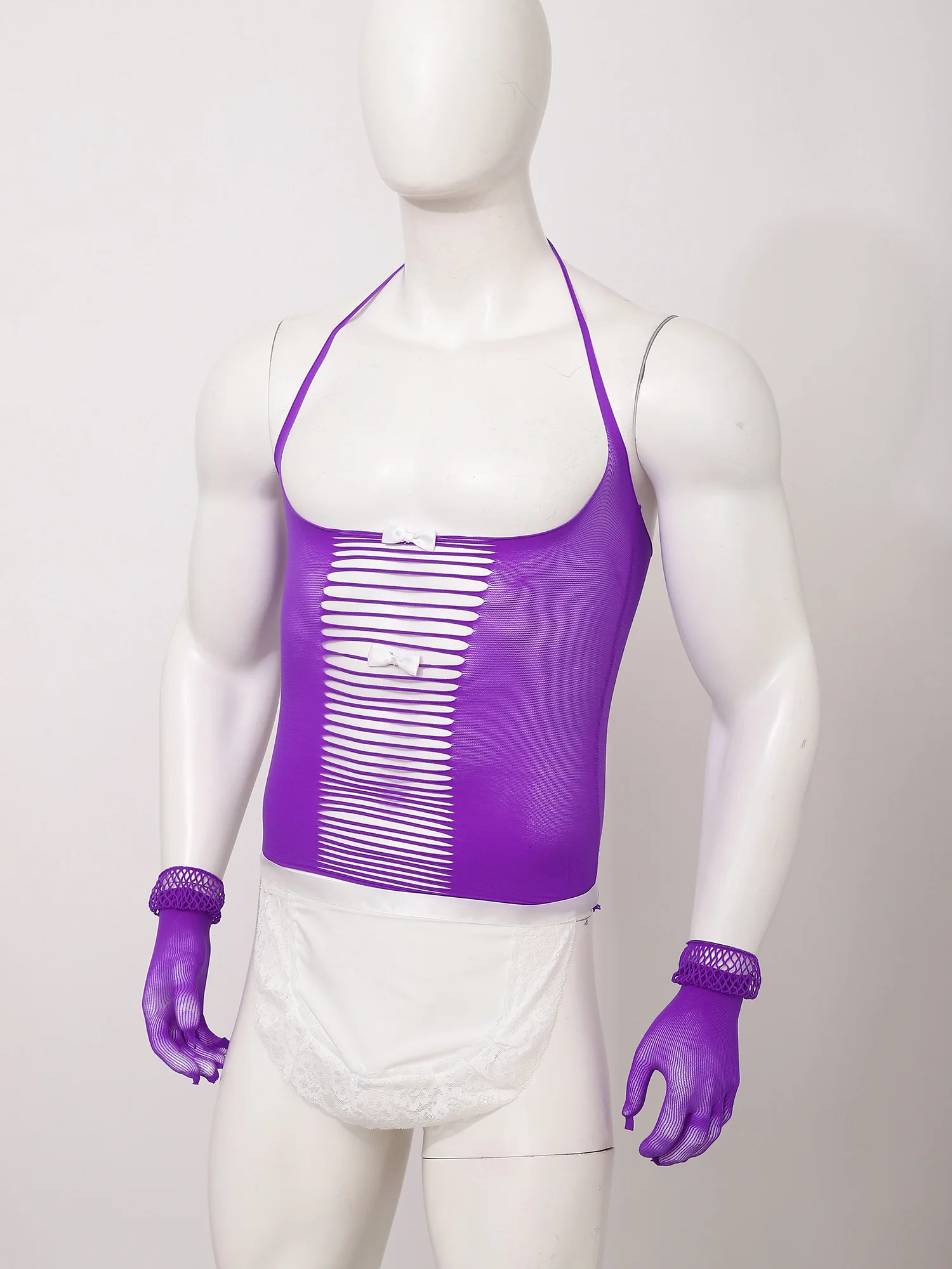 Men Sissy Manservant Cosplay Lingerie See Through Cutout Tank Top with Ruffled Lace Apron And Gloves Outfit Couple Game Clubwear