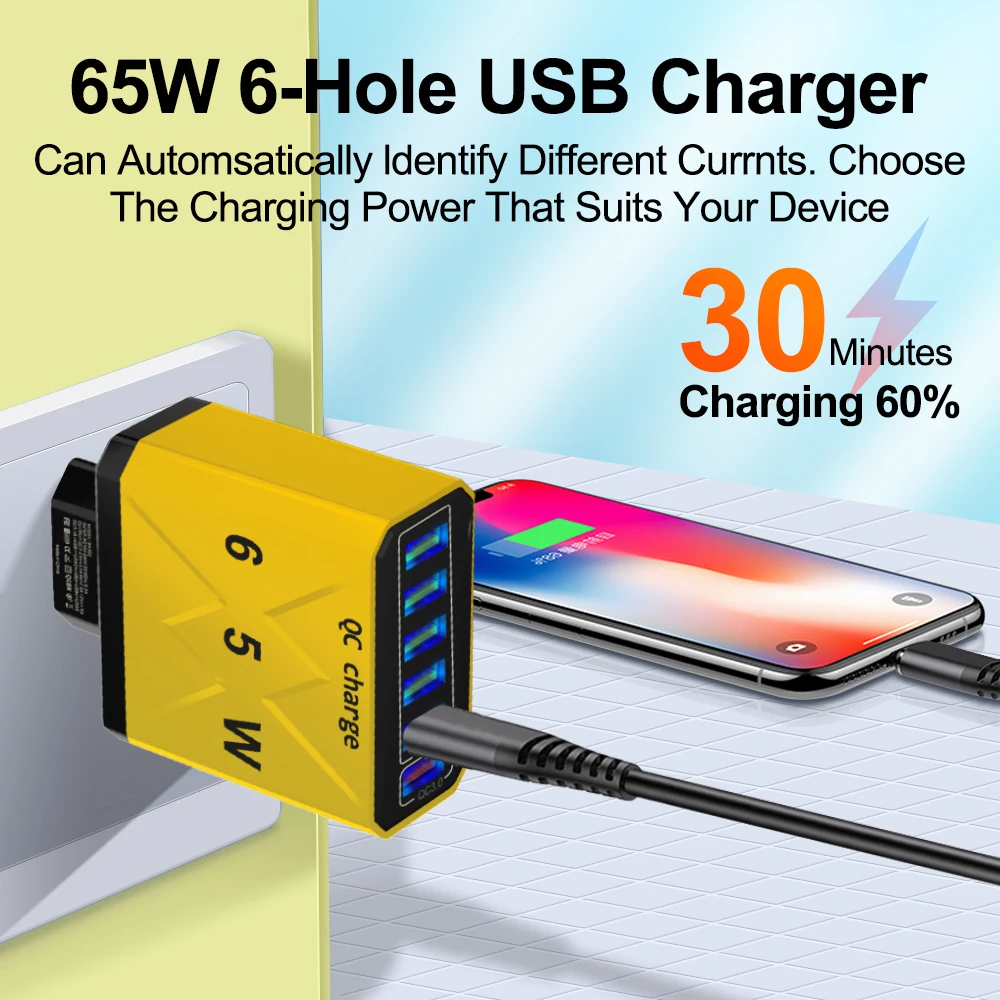 شاحن سفر USB سريع الشحن ، 6 منافذ ، 65 واط ، QC3.0 ، ايفون 15 ، سامسونج ، شاومي ، هاتف ، محول تابلت ، EU ، KR ، US ، المملكة المتحدة قابس