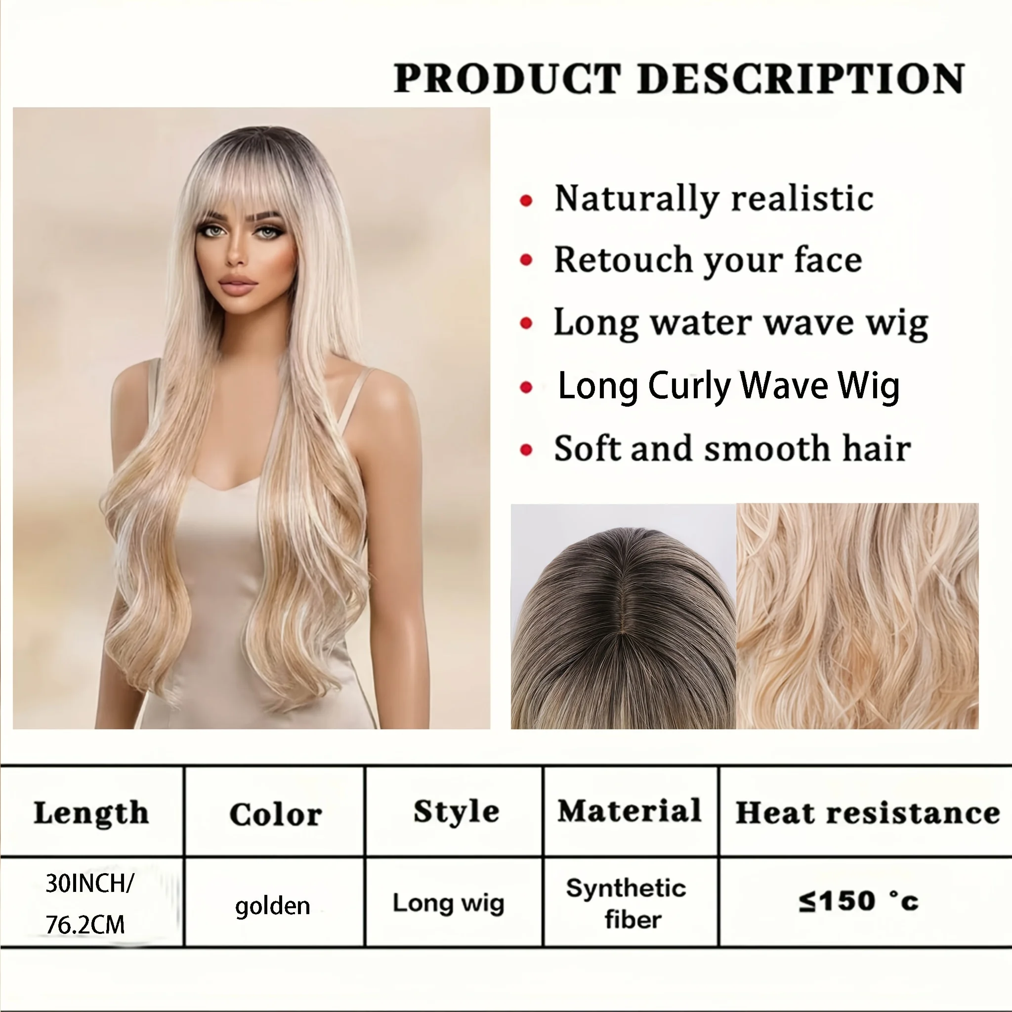 30-inch Women's Gradient Gold Long Curly Hair High-Temperature Heat-Resistant Rose Net Wig, Suitable for Parties