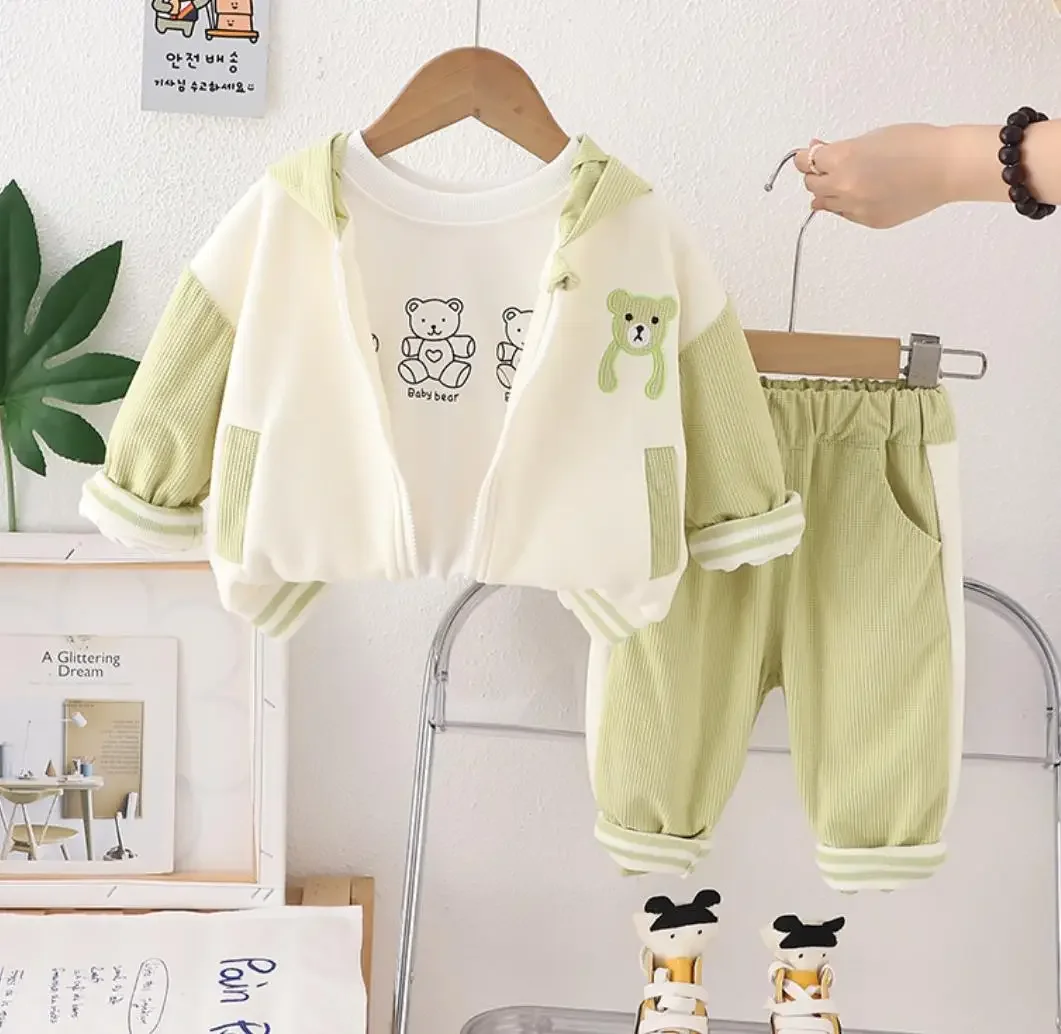 Toddler Outfits for Kids Baby Clothes 6 To 12 Monthes Patchwork Bear Hooded Jackets+White T-shirts+Pants 3Pcs Infant Boys Sets