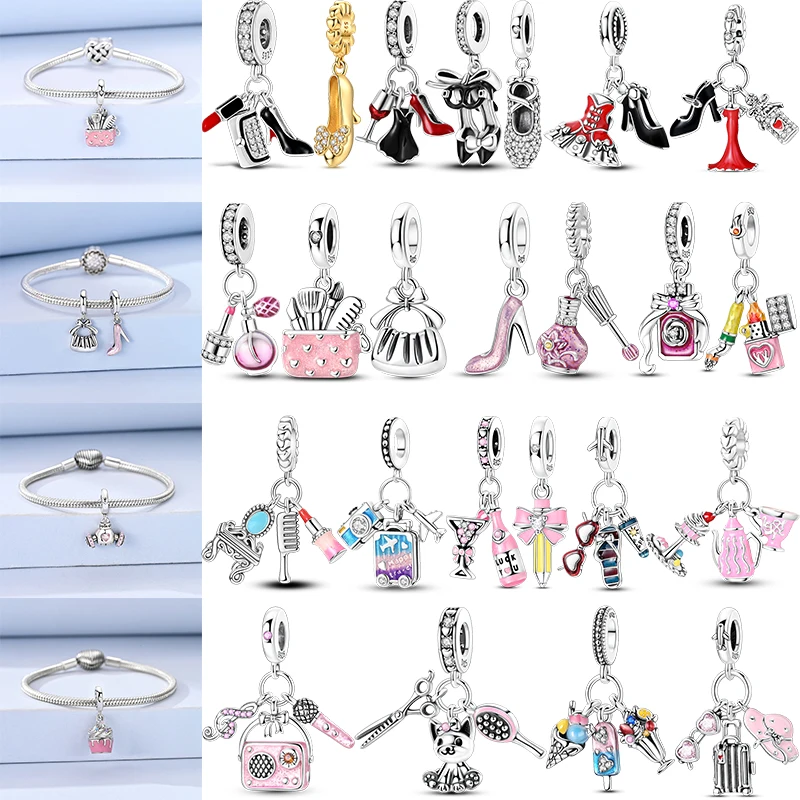 925 Sterling Silver High Heels Lipstick Perfume Bottle Princess Dress Charms for Girl Life Series Sewing Machine Weaving Charms