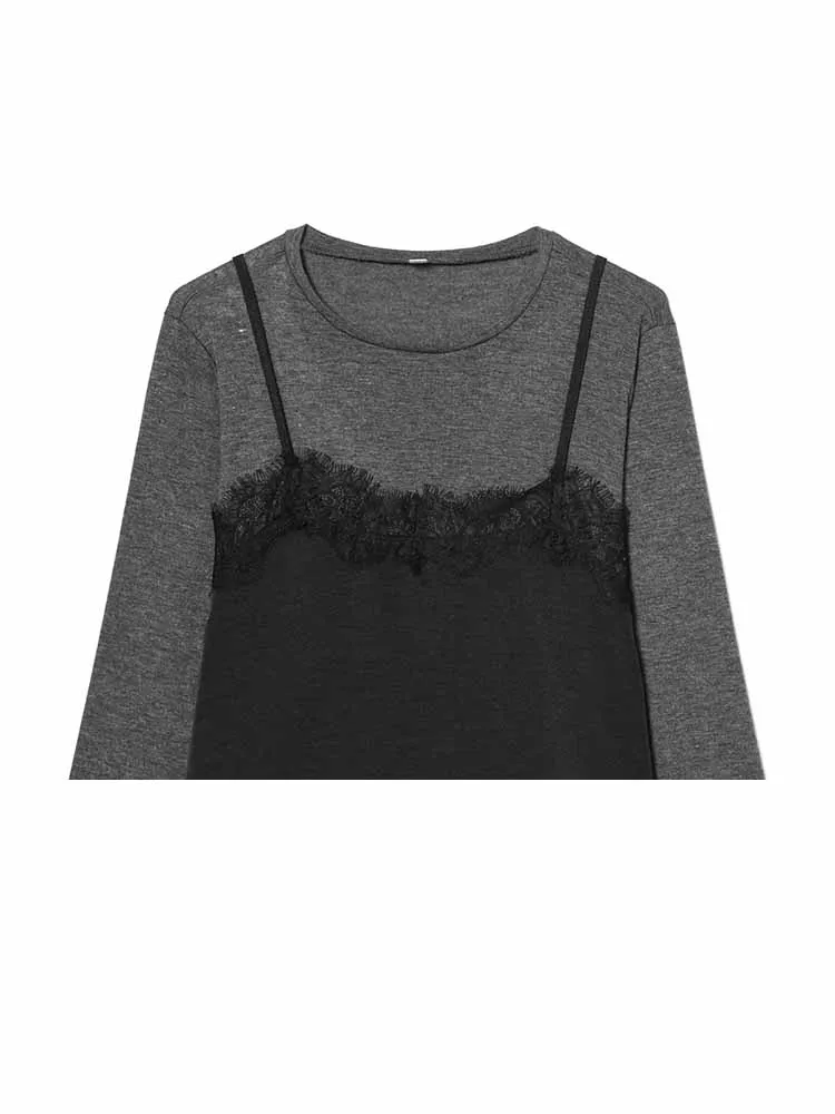 Sukienka damska wiosenna z długim rękawem, okrągły dekolt, imitacja dwuczęściowego kompletu, koronkowe zdobienia, efekt warstw, codzienna, uniwersalna.