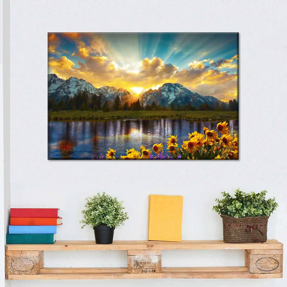 1pc, Golden Hour Mountain Lake Wall Art, Sunflower and Sunset Scenery Poster, Unframed Canvas Print for Living Room Home Decor