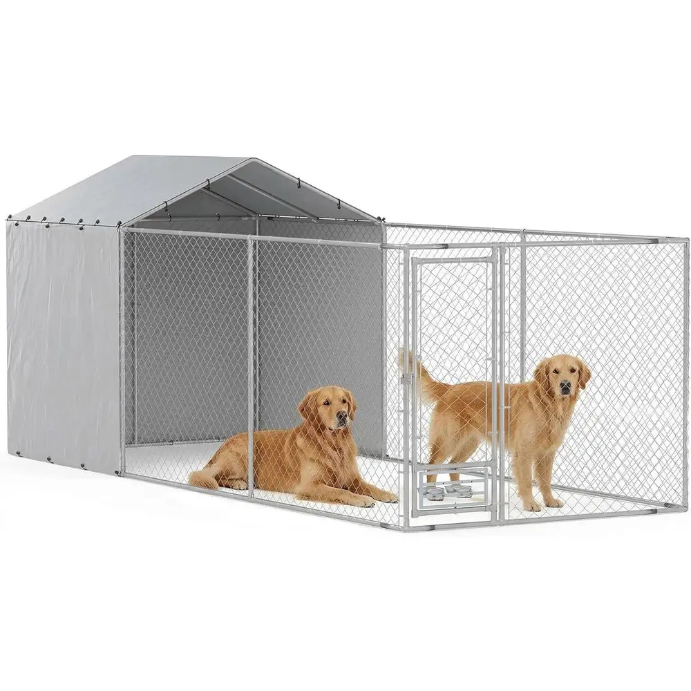 

Large Outdoor Dog Kennel for Medium to Large Breeds with Secure Lock, Waterproof and UV-Resistant Cover, Rotating Bowls