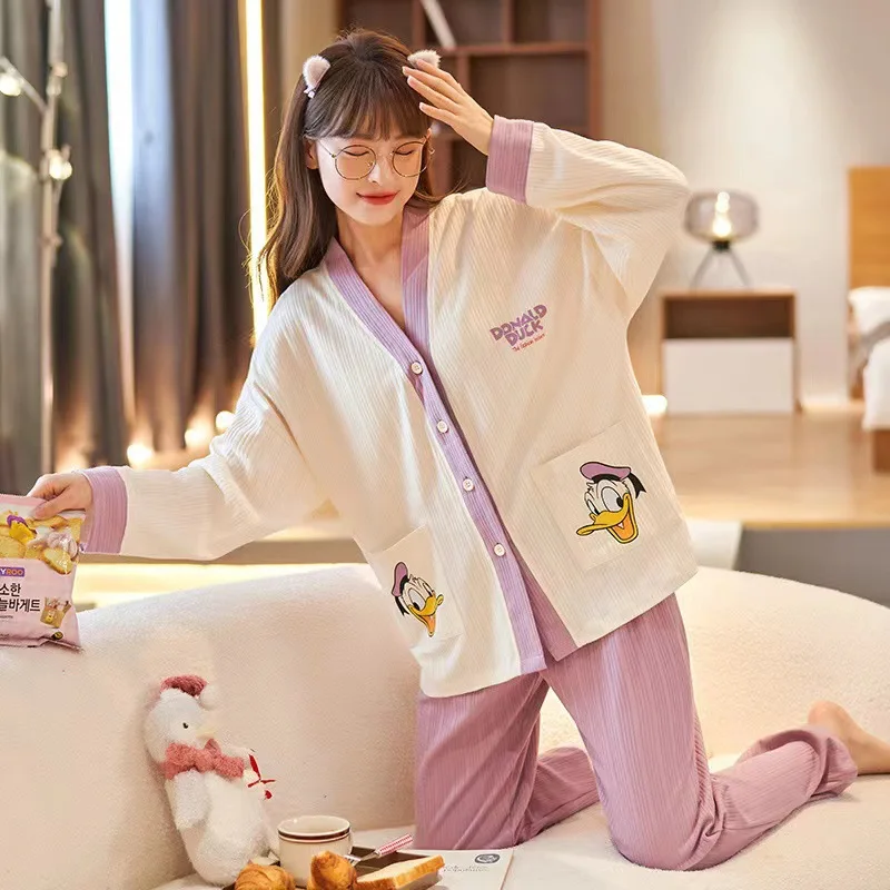 Disney Donald Duck Silk Pajamas Women\'s Cotton Long Sleeves Cute Cartoon Comfortable Loose Cardigan Home Women\'s Pajamas Set