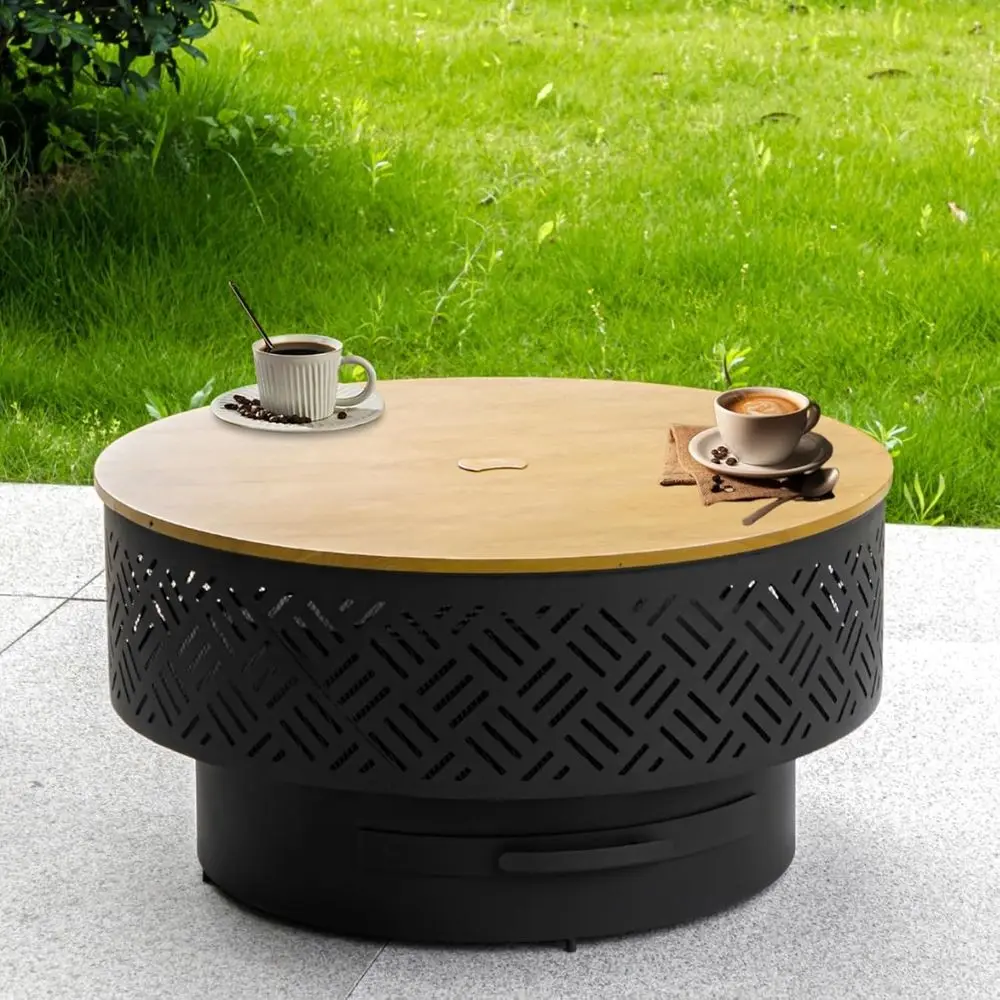 

26-Inch Outdoor Wood-Fired Fire Pit with Grill, Cover, and Poker for Patio and BBQ Gatherings