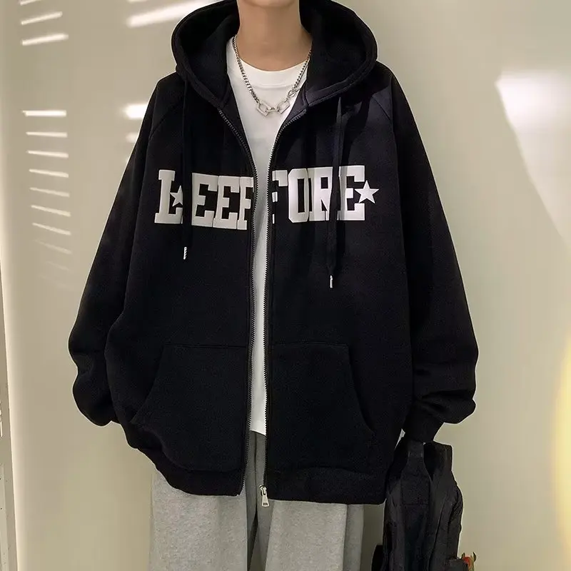 New Men's Cotton Zipper Hoodies High Quality Oversized Off White Streetwear Harajuku Hooded Jackets Casual Men Clothing Warm Top