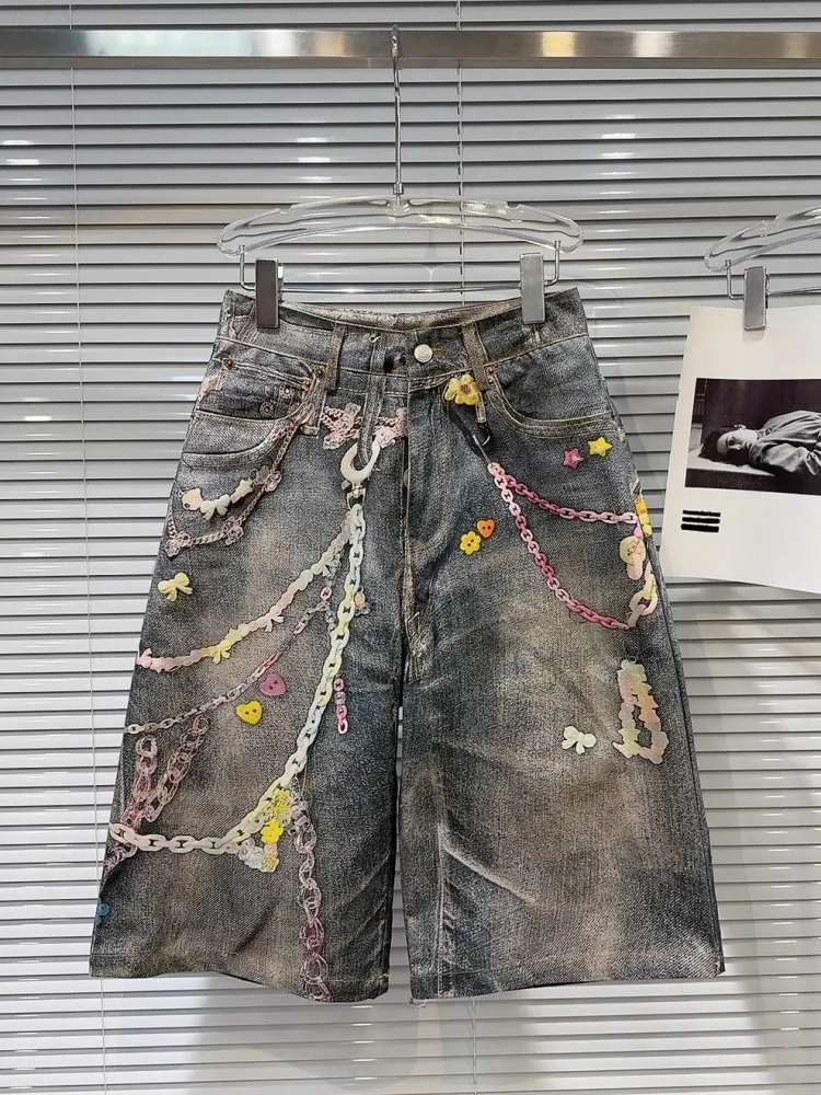 Summer Women Denim Shorts Personality Printed Vintage Knee Length Trousers Female Jeans High Street Hip Hop Casual Shorts New