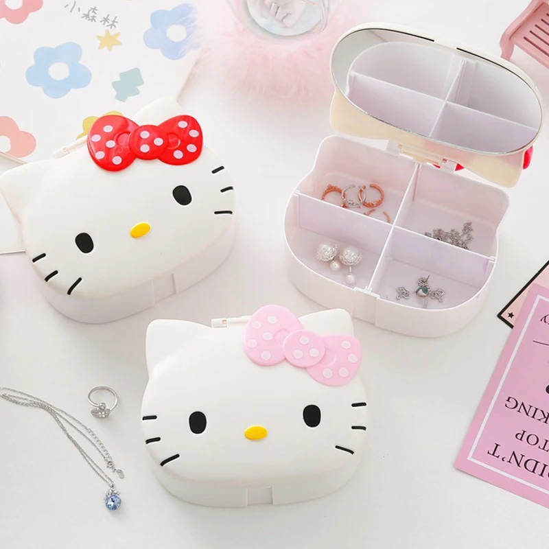 1PCS Cute Cartoon Sanrio Hello Kitty Mirror Jewelry Box Comb Mirror Series Desktop Sundries Storage Makeup Box