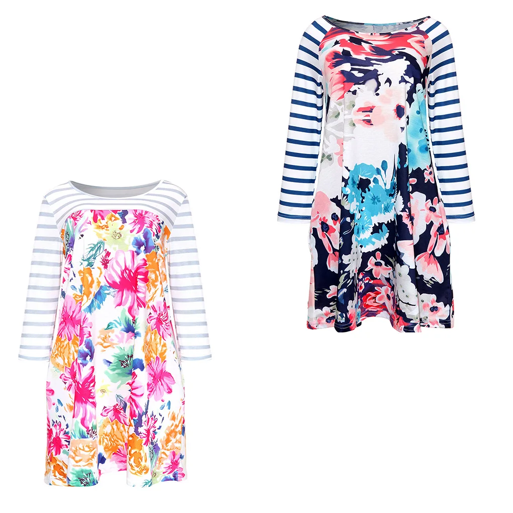 Femmes fille col rond épissage Foral rayure Mini robe poche latérale robe à manches longues