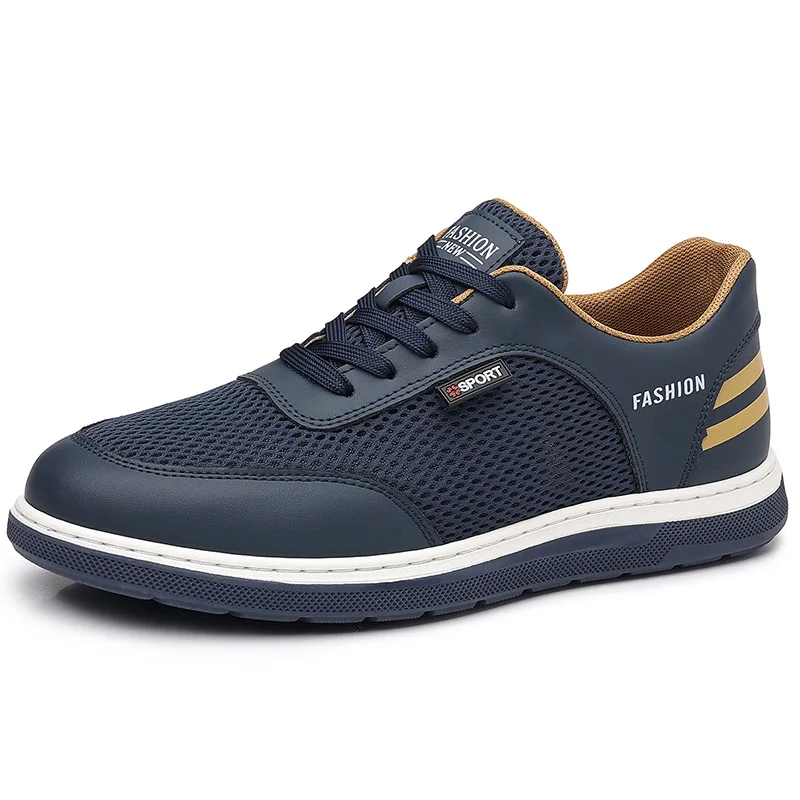 Perforated Lace-Up Casual Shoes, Breathable Mesh Men's Sneakers, Knit-Weave, Soft Sole, Versatile
