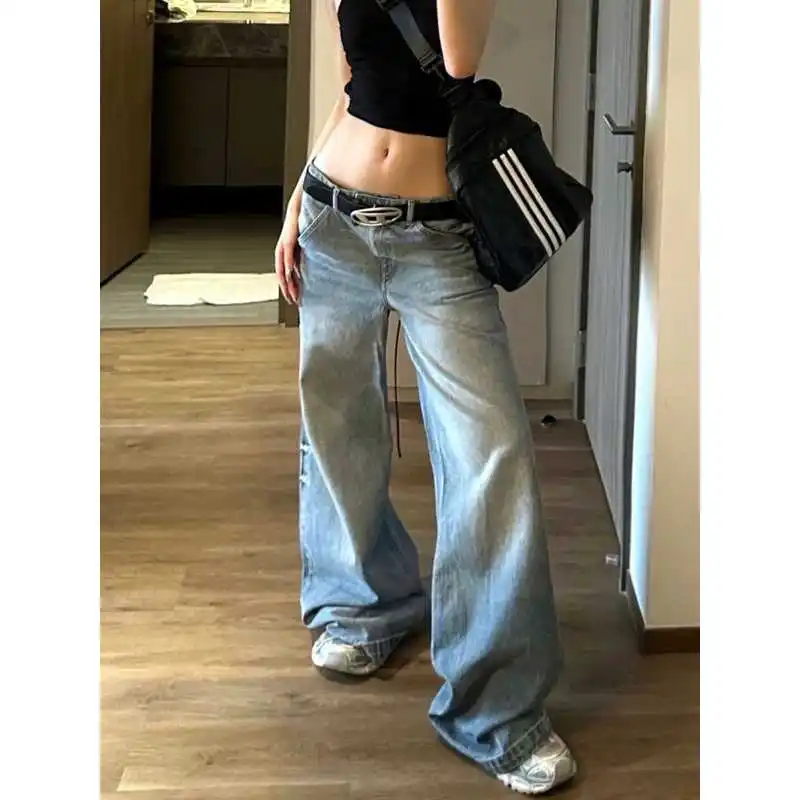 

Faion Blue High Waist Wide Leg Jeans Oversized Casual Cleanfit Sle Mid-aged Women's PU Fabric Jeans