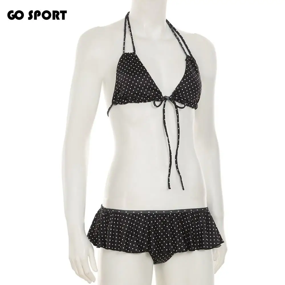 

Повседневный костюм бикини с рюшами, облегающий купальник с глубоким V-образным вырезом, пляжный купальник с лямкой на шее, на шнуровке в горошек