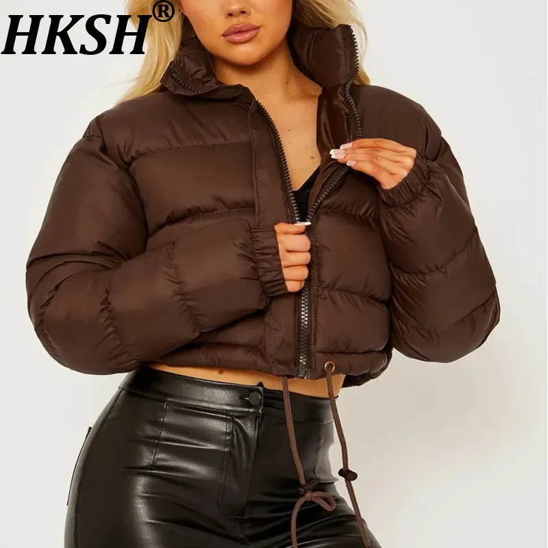 

HKSH Winter New Women's Short Padded Coat Stand Collar Zipper Drawstring Hem Solid Color Elegant Fashion Warm Outerwears HK12949