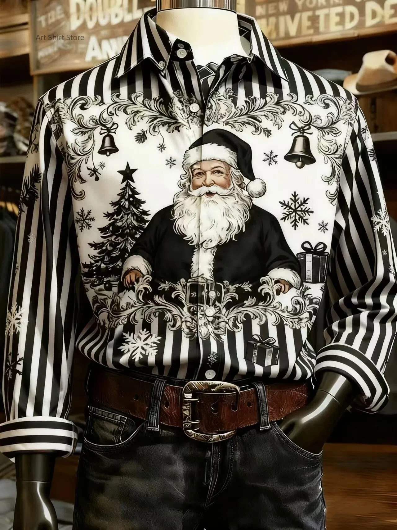2025 Men's Fashion Christmas Striped Santa Claus Pattern Comfortable Fabric Long Sleeve Shirt Casual Button Top